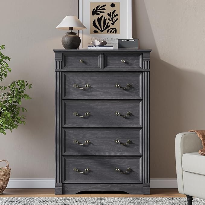 Grey Dresser for Bedroom, Farmhouse 6 Chest of Drawers, 47" Tall 6 Drawer Dresser Storage with Wood Pilasters and Metal Handles, Vintage Design, Drawer Organizer for Bedroom, Hallway