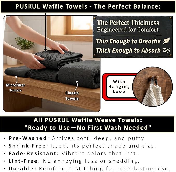 PÜSKÜL 4-Piece Natural 100% Turkish Cotton Luxury Waffle Towels for Bathroom | Premium Quality Honeycomb Weave 2 Hand Towel & 2 Bath Towel Set | Soft Absorbent Quick-Dry Lightweight Towels (Black)