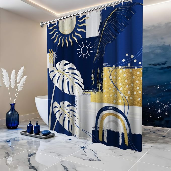 Small Stall Narrow Shower Curtain Blue and White Stand Up Abstract Navy Blue and Gold Boho Shower Curtains for Rv Camper Bathroom Decor Sets, Waterproof Cloth Fabric with Hooks, 48 x 72 Inch