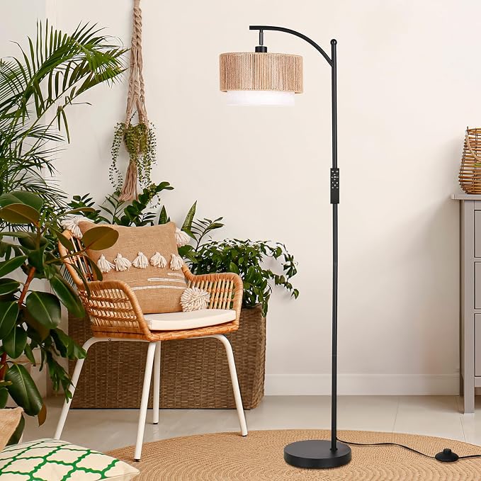 SUNMORY Floor Lamps for Living Room with 12W Remote and Dimmable Bulb, LED Arc Lamp, Farmhouse Floor Lamps with Adjustable Rattan & Fabric Shades, Boho Standing Lamp for Bedroom, Corner, Home Decor