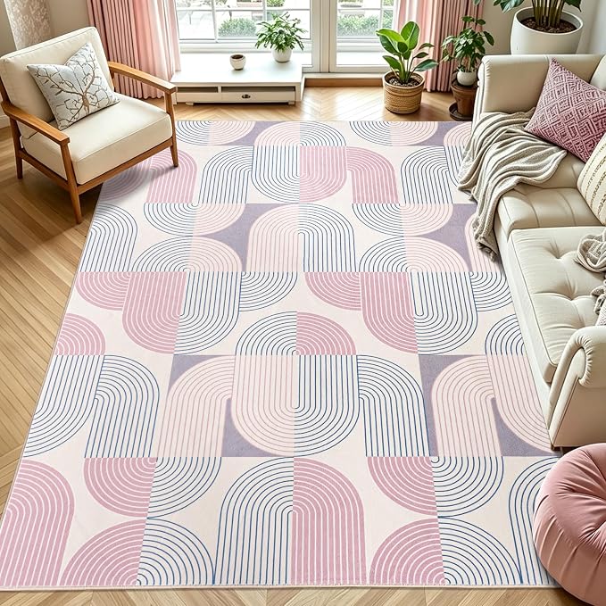 Living Room Rugs 5x7, Soft Modern Geometric Pink Rug for Bedroom, Washable Non-Slip Indoor Floor Boho Abstract Carpet for Dining Room Nursery Home, Pink/Purple