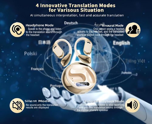 Skiennix AI Translation Earbuds - Real-Time 144-Language Translator | Bluetooth 5.4, iOS & Android Compatible - Gold