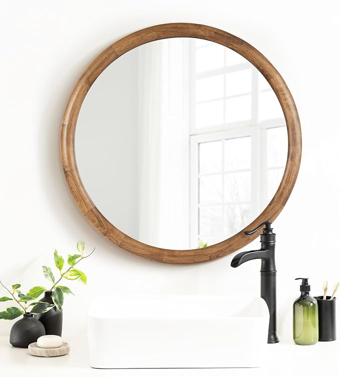Kate and Laurel Dessa Transitional Round Wooden Wall Mirror; 32 Inch Diameter; Natural Rustic; Modern Circle Bathroom Vanity Mirror with Chunky Rounded Profile and Solid Poplar Wood Frame