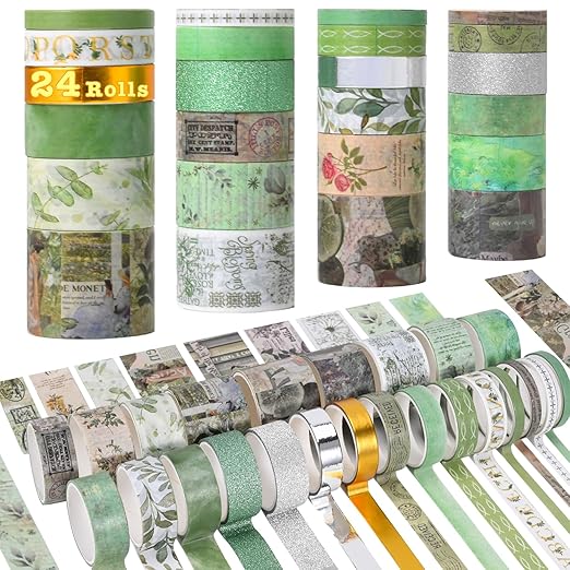 FTTELK 24 Rolls Vintage Washi Tape Set,Glitter Floral Decorative Adhesive Tape for Scrapbooking Supplies,Junk Journal,DIY Crafts,Planners and Gift Wrapping(Secret Garden Series)