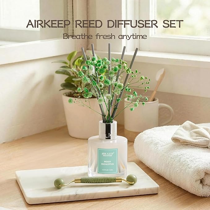 Airkeep Reed Diffuser Set,3.38 fl oz (100 ml) - Moss Eucalyptus Oil Diffusers with 8 Reed Sticks, Home Fragrance Reed Diffuser for Bathroom Shelf Decor