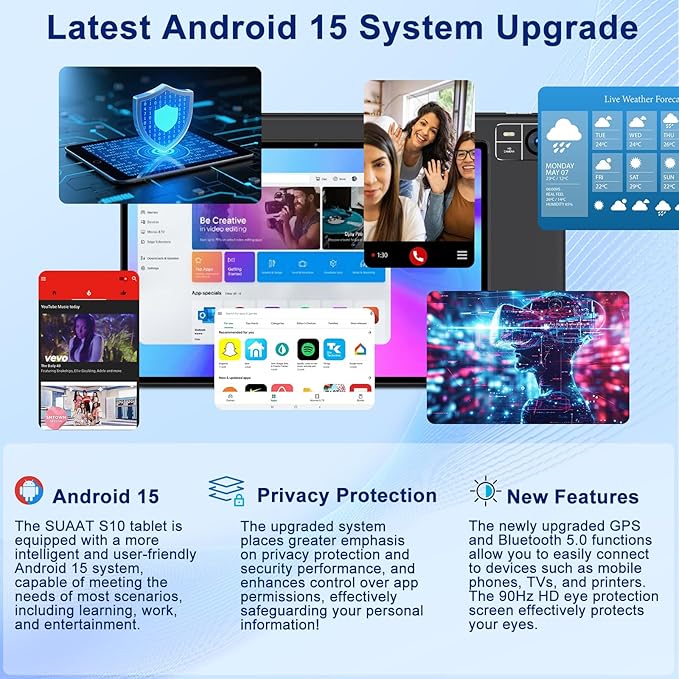 SUAAT Android 15 Tablet 30GB RAM 128GB ROM 1TB Expand, 10.1 Inch Tablets with Keyboard Mouse, Octa-Core, 8000mAh, HD IPS Display, 5G WiFi BT 5.0 GPS, Widevine L1, Gemini AI, Dual Camera - Black