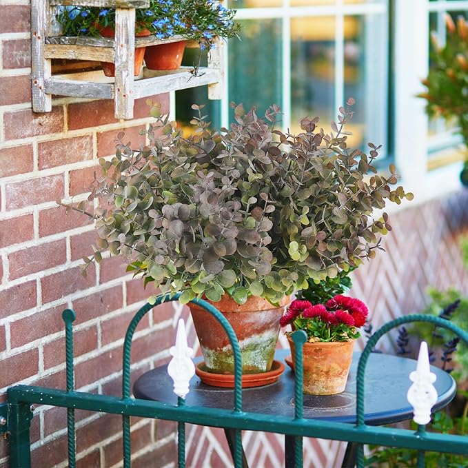 RECUTMS 8 Bundles Artificial Greenery Plants Stems Outdoor Fake Eucalyptus Plants Boxwood Bushes for Farmhouse Bathroom Office Vase Centerpiece Indoor Outdoor Decoration(Dusty Purple)