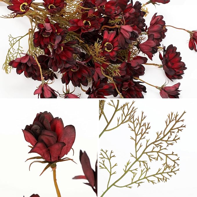 20" Artificial Burgundy Daisy Flowers for Fall Flower Arrangement, 3 Bundles Faux Chrysanthemum Flowers Branches for Gothic Halloween & Autumn Home Decor, Dark Fake Wildflowers Mums Black Red