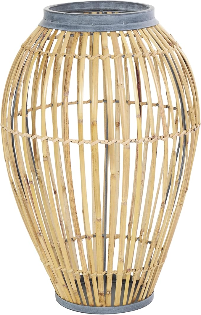 Deco 79 Bamboo Wood Handmade Decorative Vase Open Frame Centerpiece Vase with Blue Metal Accents, Vase for Home Decoration 11" x 11" x 16", Brown