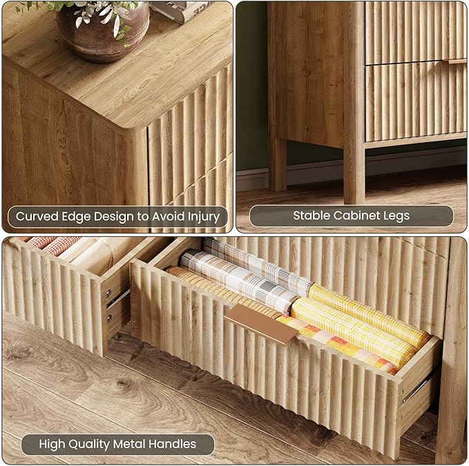 55" Wide Fluted 6 Drawer Dresser for Bedroom, Wooden Dresser Modern Chest of Drawers TV Stand Dressers with Organizer Storage for Bedroom, Living Room, Entryway, Hallway, Oak