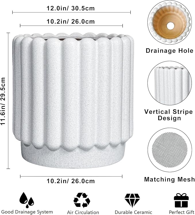 Ceramicfor Ceramic Flower Pots - 12 Inch Plant Pot Indoor Outdoor, Fluted Large Ceramic Planters with Drainage Hole, Modern Round Planters, Apartment Decor, Plant Lover Gifts, White