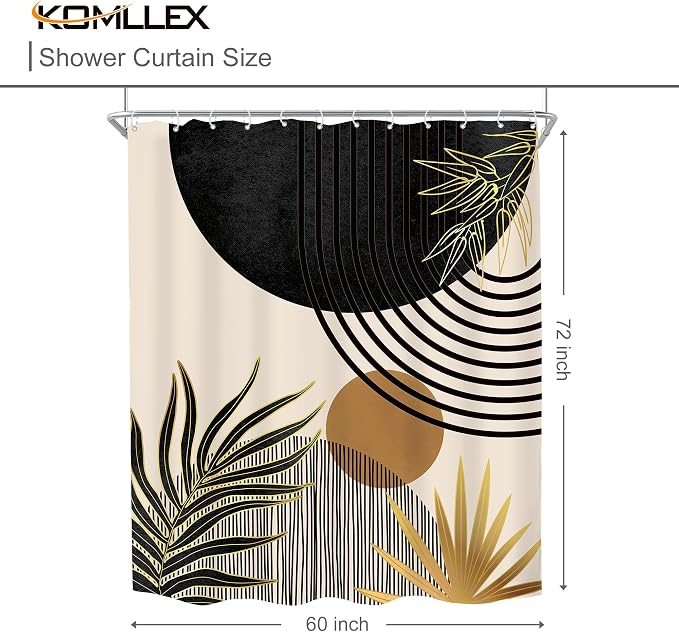 KOMLLEX Mid Century Black Gold Boho Shower Curtain 60Wx72L Inches Abstract Modern Green Shower Curtains for Bathroom Plant Botanical Minimalist Arch Sun Fabric Liner Waterproof Polyester 12 Pack Hooks