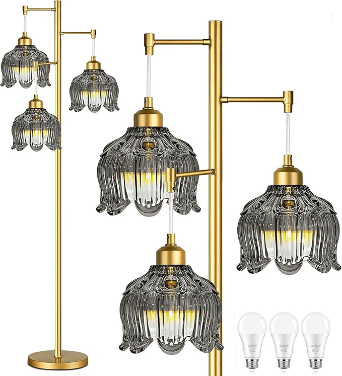 ILLMTW Glass Floor Lamp for Living Room,Bedroom,Gold Mid Century Modern Standing Lamp Brass Tree 3 Light Tall Floor Lamps Vintage Retro Floor Lights Grey Flower Lamp Shade Farmhouse Boho Bohemian