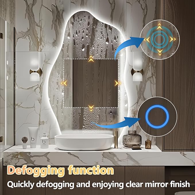Niccy Irregular LED Bathroom Mirror, 24"x40" Asymmetrical Backlit Vanity Wall Mirrors, Frameless Lighted Mirrors for Bedroom, Living Room, Modern Smart-Mirror with Anti-Fog, Dimmable, Memory Function