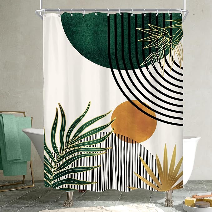 KOMLLEX Mid Century Green Boho Shower Curtain 54Wx78L Inches Abstract Modern Shower Curtains for Bathroom Decor Plant Botanical Minimalist Leaf Arch Sun Fabric Liner Waterproof Polyester 12 Pack Hooks