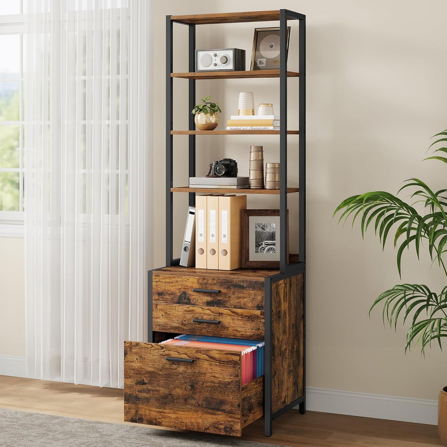 VASAGLE File Cabinet - Height-Adjustable Home Office Filing Cabinet with 3 Drawers - Rustic Brown