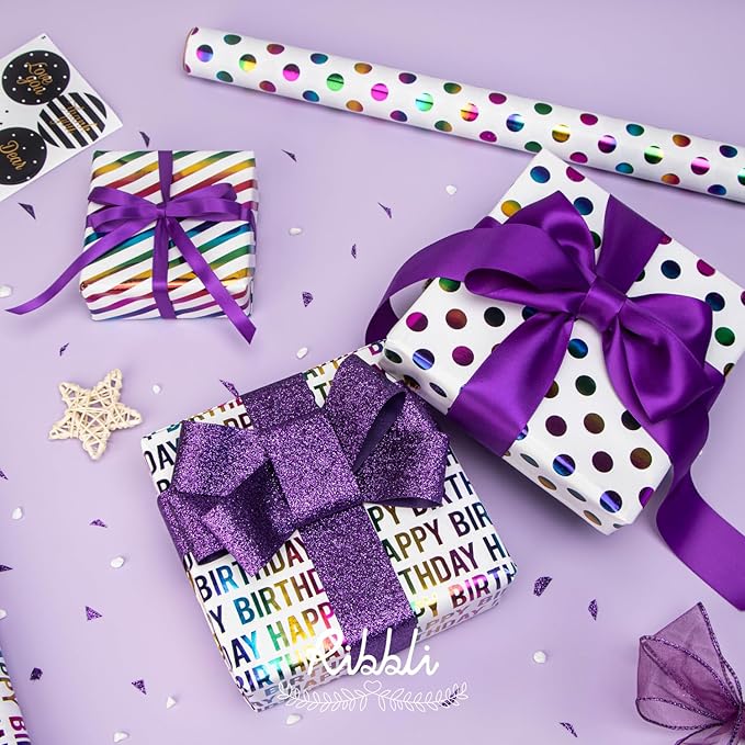 Ribbli Birthday Wrapping Paper Iridescent Gift Wrapping Paper Mini Roll, 3 Rolls Happy Birthday Polka Dots Stripes Printed Assortment - 17 inch x 120 inch(10feet) Per Roll