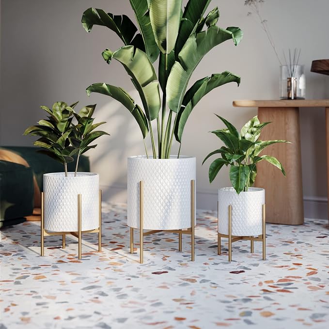 EverNest Claire Mid-Century Modern White Planter and Stand, Indoor Plant Pot, SelectBase, Minimalist Aesthetic, Home Decor for Plants - (Gold Base, Small)