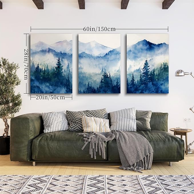 SERIMINO Nature Landscape Canvas Wall Art for Living Room, Forest Mountain Canvas Prints Paintings, Blue Modern Farmhouse Wall Decor for Bedroom Bathroom Set of 3, 20"X28"