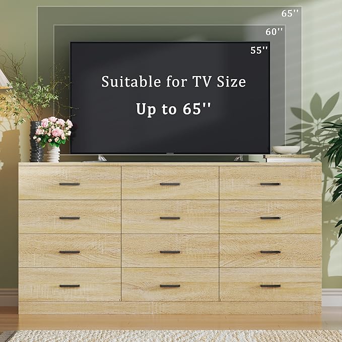 60 Inch 12 Drawer Dresser for Bedroom, Long Mid Century Modern Dressers, Wood Vintage Chests of Drawers TV Stand up to 65", Large Storage Organizer for Bedroom, Closet, Entryway, Natural