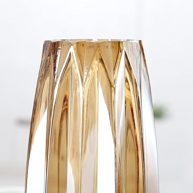 Glass Vase - Modern Ribbed Glass Vase for Flowers, Candles, and Decorative Accents -Black Grey, Amber, Clear and Colored Tall/Short Glass Vase for Centerpieces Home Table Decor (Amber, H-7.87inch)