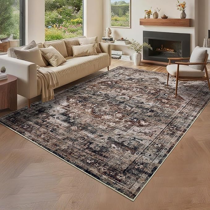 5x7 Area Rug Washable Boho Vintage Medal Print Small Carpet Non Slip Office Rugs Low Pile Soft Bedroom Carpet Non Shedding Kids Nursery Floor Mats for Kitchen Dining Living Room Brown