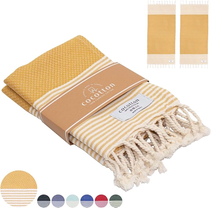 Boho Striped Turkish Hand Towels Set of 2 | 100% Cotton, 16 x 40 Inches | Decorative Bathroom Hair Face Gym Yoga Dishcloth Tea Kitchen Light Weight Quick Dry Farmhouse Towel (Mustard)