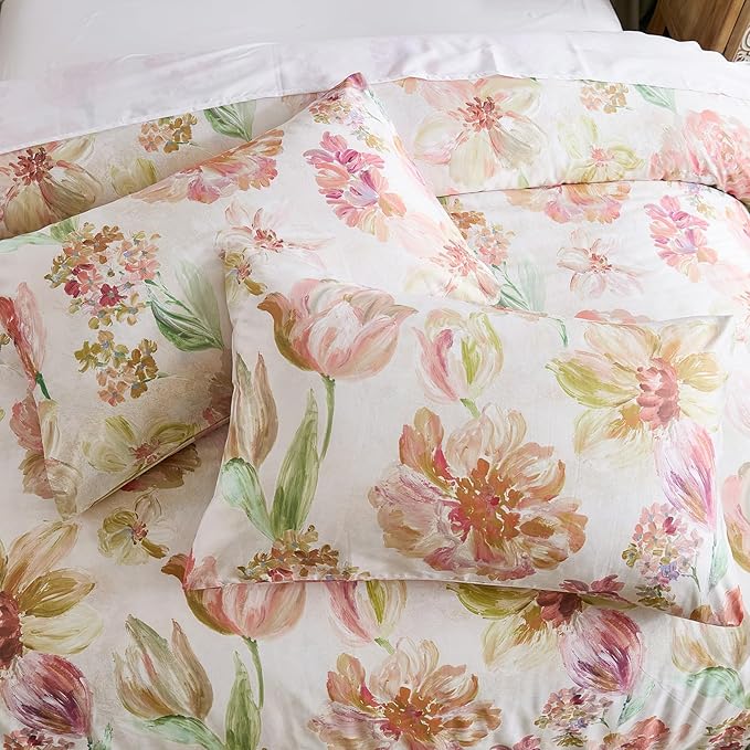 100% Cotton Duvet Cover Set King Size – Pink Watercolor Floral Bedding with Zipper Closure, 3-Piece Silky Soft Botanical Comforter Cover with 2 Pillowcases