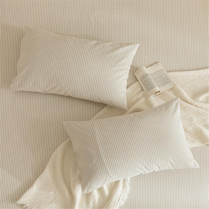 JIYUAN 100% Washed Cotton Striped Duvet Cover Set 3 Pieces Queen, 1 Duvet Cover and 2 Pillowcases(Comforter Not Included),Linen Like Bedding Set Comfy and Breathable,Pinstripes-Heathered Beige White