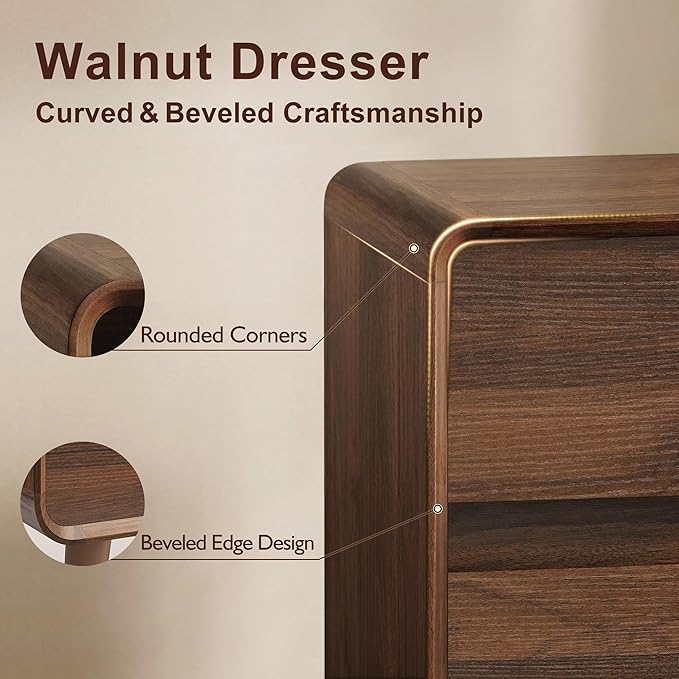 Dresser for Bedroom, 47" Wide Mid Century Modern Chest of Drawers with 6 Storage Drawers, Curved Beveled Design, Dark Wood Dresser TV Stand for Living Room, Closet, Walnut