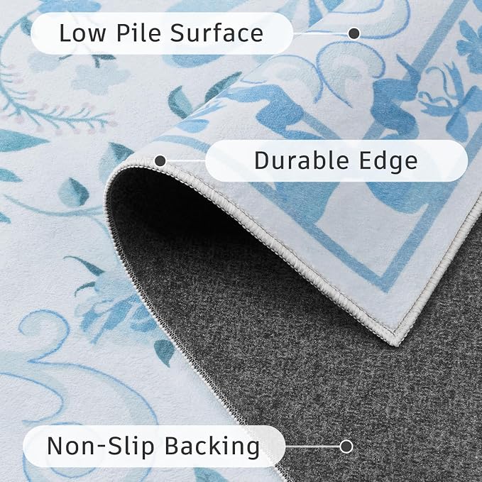 DCX Washable 2x3 Bow Rug, Blue Floral Rug for Girls’ Bedroom, Cute Soft Low Pile Indoor Décor Carpet, Kid & Pet Friendly Nursery Rug for Living Room, Dorm, Playroom