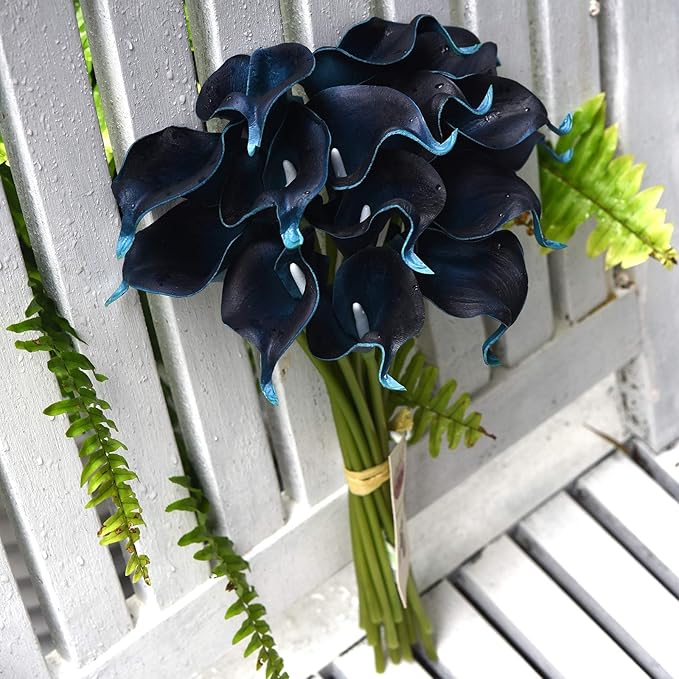FiveSeasonStuff Real Touch Calla Lily Artificial Flowers Wedding Bridal Bouquet | Floral Arrangements | 15 Calla Lilies (Night Blue)