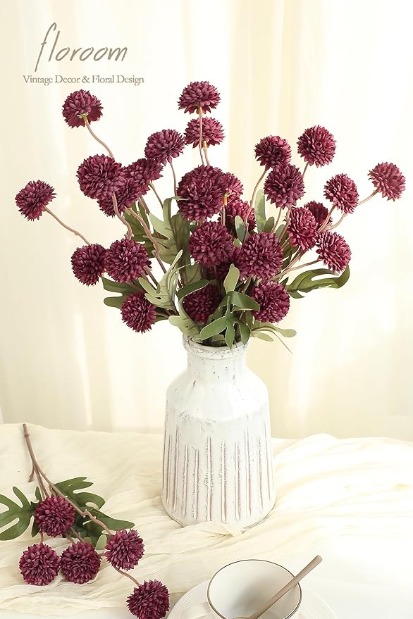 Floroom 6pcs Burgundy Faux Silk Mums Artificial Flowers, Bulk Fake Small Mini Chrysanthemums with Stems for DIY Wedding Centerpieces Floral Arrangements Vase Fillers Home Decorations