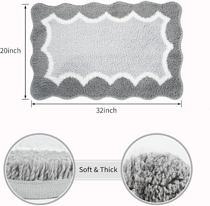 Scalloped Grey Bathroom Rugs Mat,Non Slip Absorbent Quick Dry Bath Mats for Shower Room,Plush Microfiber Bath Mats for Bathroom Floor Washable Carpet for Shower Tub Sink Bedroom,20"x32"