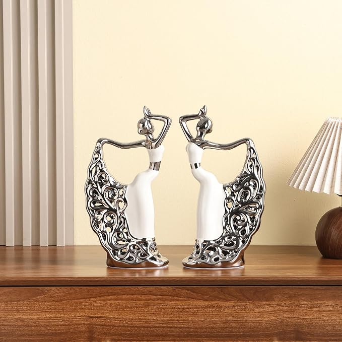 2 Pcs Ceramic Statues Home Decor, Dancer Women Sculpture Figurine, Modern Aesthetic Abstract Art Decorative Accent for Living Room Bedroom Bookshelf Dining Table Centerpiece Office (White and Silver)