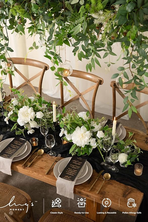 Ling's moment Green White Artificial Flowers with Vase Wedding Table Decor Bouquet Centerpiece Flower Potted for Ceremony Reception Desk Flowers Mantel Archway Aisle, Set of 2