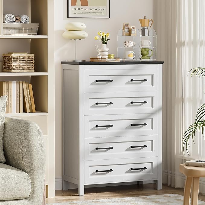 JUMMICO White Dresser Tall for Bedroom,Wooden 5 Drawer Dresser for Nursery,Chest of Drawers for Bedroom, Closet Storage Organizer for Living Room, Hallway, Closet (Black&White)
