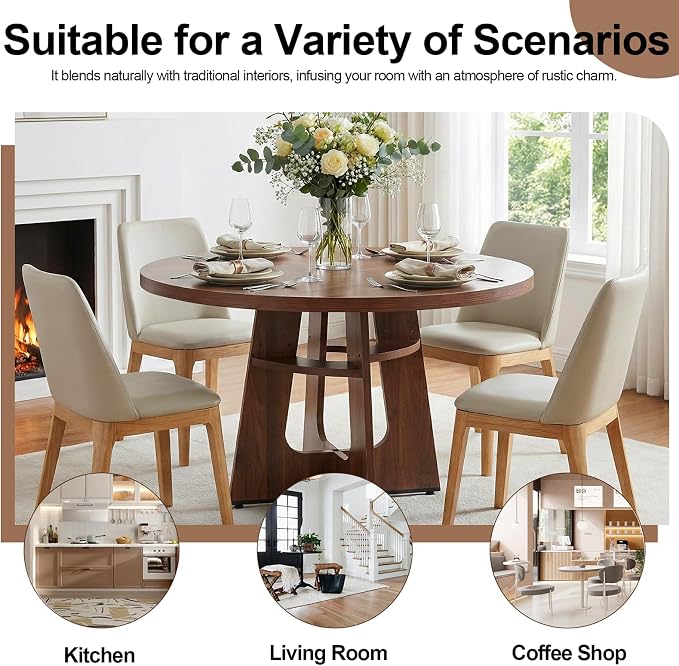 47" Round Dining Table for 4-6 Walnut, Farmhouse Wood Circle Dinner Table, Dark Brown Wooden Circular Dinner Tables Easy Assembly for Dining Room/Kitchen/Living Room/Apartment (Table Only)