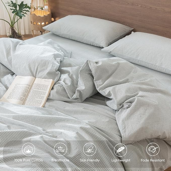 MooMee Striped Duvet Cover Set 100% Washed Cotton Linen Like Textured Breathable Durable Soft Comfy (Heathered Green Pinstripes, Cal King 104"x98")