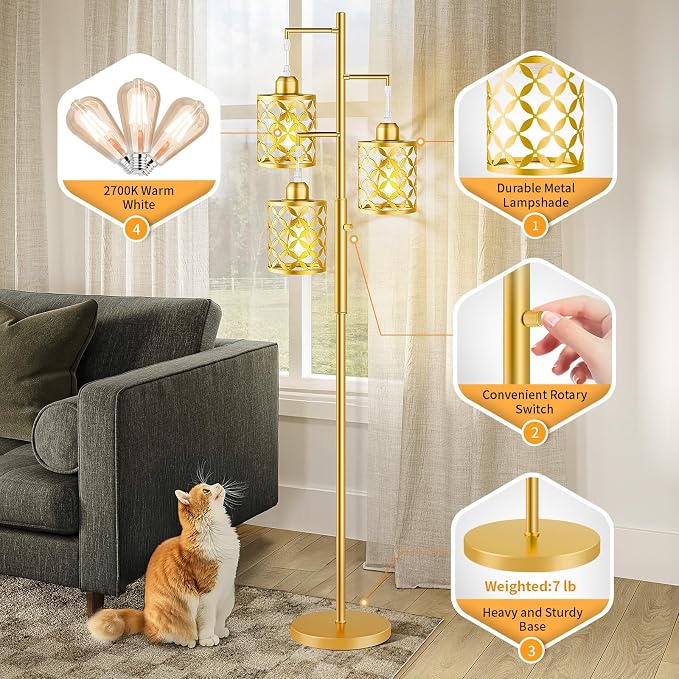 Dimmable Floor Lamp, Farmhouse Standing Lamp with Elegant Metal Cage, Industrial Tall Tree Floor Lamps for Living Room, Bedroom, Study Room, Office, 2000LM LED Bulbs Included - 68", Gold