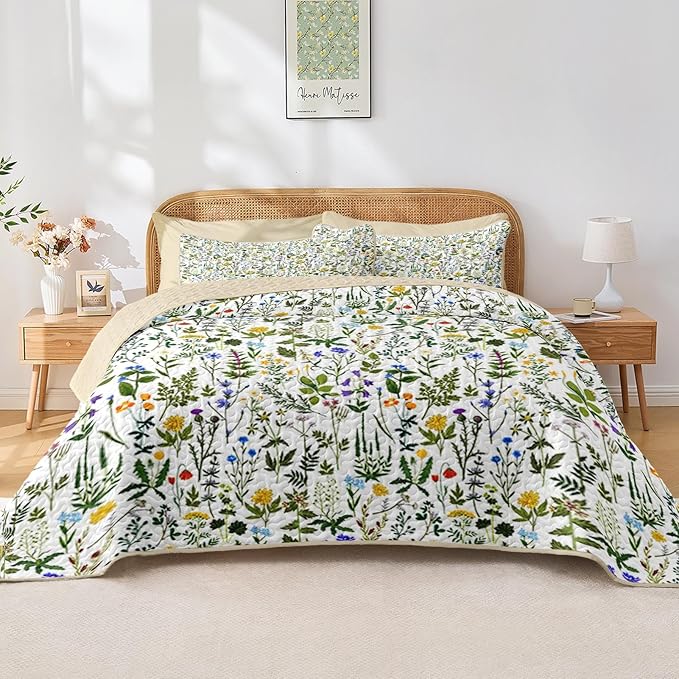 Quilt Set King Size, Garden Floral 3 Pcs Soft Bed Cover Bedding Set, Country Rustic Farmhouse Lightweight Bedspread Coverlet with 2 Pillow Sham for All Season