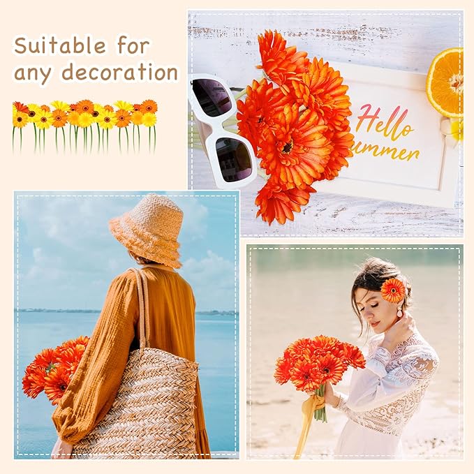20 Pcs Orange Gerbera Daisy Faux Artificial Daisies Flower Bouquet Fake African Daisy Flower for Wedding Bridal Bouquet Party Home Kitchen Table Centerpiece (Orange)