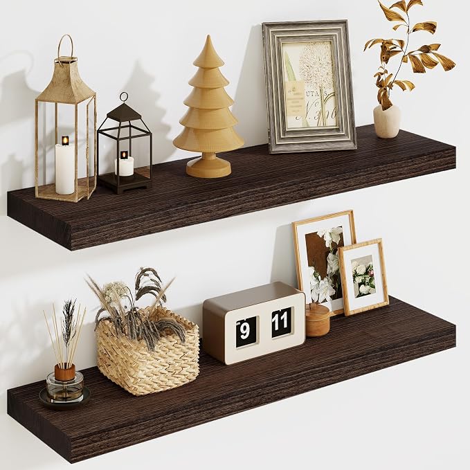 Solid Wood Floating Shelves for Wall 24"W x 8"D x 1.56"H Set of 2, Deep Wall Shelves for Living Room Bedroom Bathroom Kitchen Decor Storage with Invisible Heavy-Duty Metal Bracket, Rustic Brown