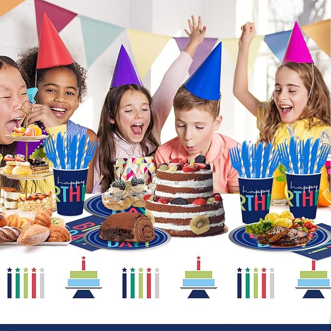 141pcs Dark Blue Happy Birthday Decoration Dark Blue Birthday Decorations Plates Napkins Forks Knives Straws Tablecloth Cups for Men Women Birthday Party Supplies,Suitable for 20 Guests