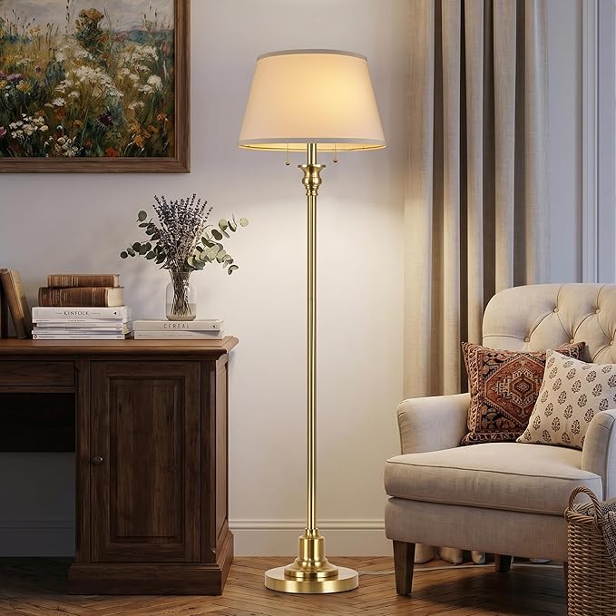 2-Light Floor Lamp for living room, 66.5'' Rustic Farmhouse Pole Lamp with Double Pull Chain, Mid Century Vintage Tall Standing Lamp for Bedroom Home Decor(3 Color Temperatures Bulb Included), Gold