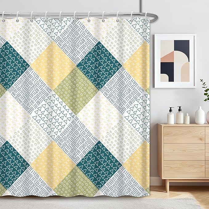 Boho Green and Yellow Shower Curtain, Modern Chic Abstract Geometric Striped Pattern Bathroom Curtains, Minimalist Hotel Style Polyester Shower Curtain, Waterproof Fabric with Hooks, 72" W x 72" L
