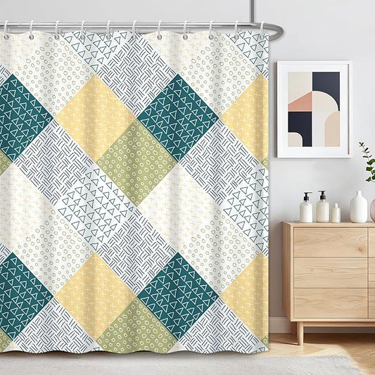 Boho Green and Yellow Shower Curtain, Modern Chic Abstract Geometric Striped Pattern Bathroom Curtains, Minimalist Hotel Style Polyester Shower Curtain, Waterproof Fabric with Hooks, 72" W x 72" L
