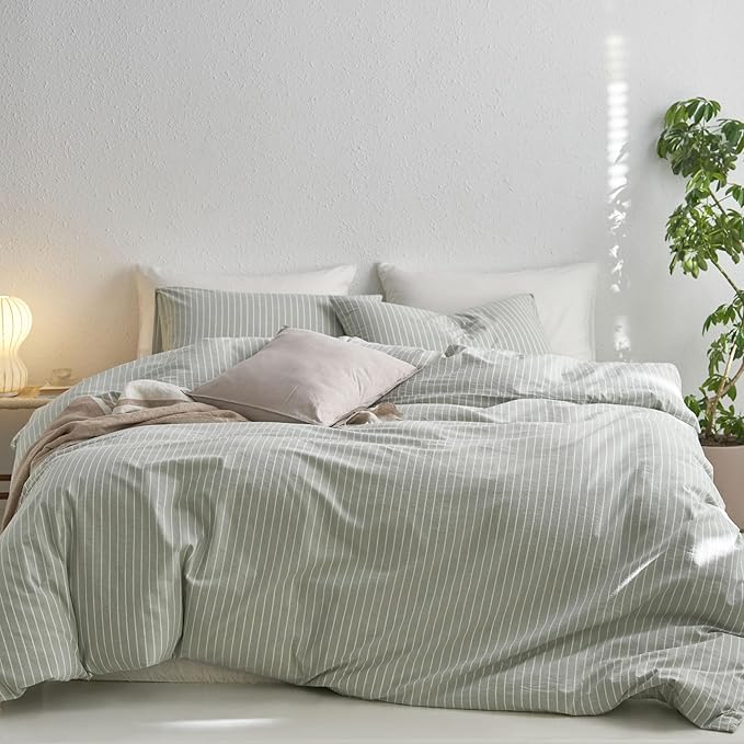 MooMee Striped Duvet Cover Set 100% Washed Cotton Linen Like Textured Breathable Durable Soft Comfy (Sage Green White Wide Stripes, Cal King 104"x98")
