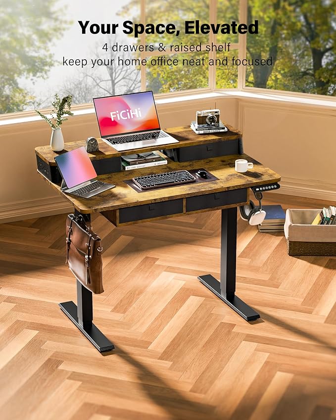 FiCiHi Adjustable Height Standing Desk with 4 Drawers,40 x 24 inches Electric Sit Stand Home Office Desk with Two Tiers, 3 Memory Presets, Monitor Stand Riser, C-Clamp Mount Compatible
