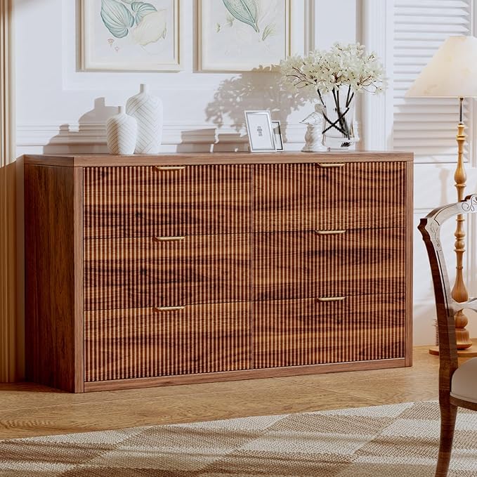55.12" Modern Chest of Drawer, 6 Deep Drawers,Clothes Organizer,Large Storage Cabinet for Living Room, Bedroom,Dresser TV Stand, Wood Drawer Organizer for Living Room, Hallway, Saddle